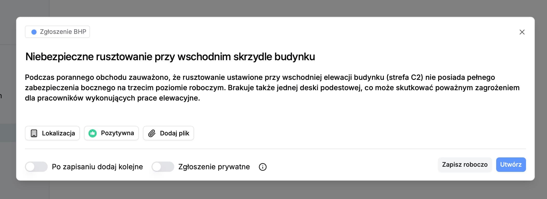Zgłoszenia BHP w BUILD/LOG